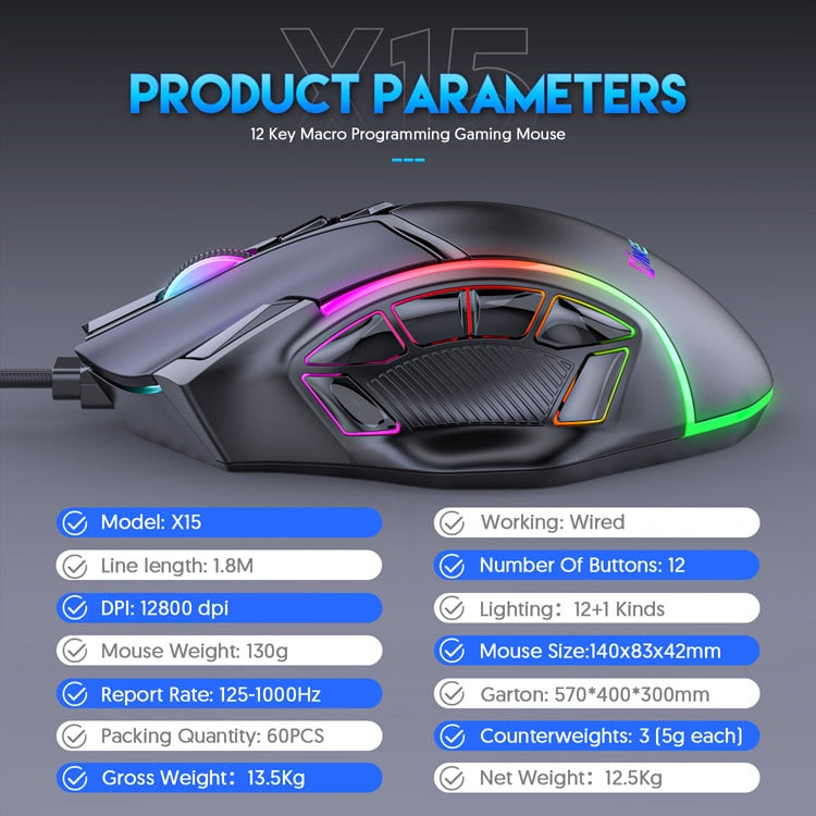 12800DPI Free Weight Macro RGB Gaming Mouse